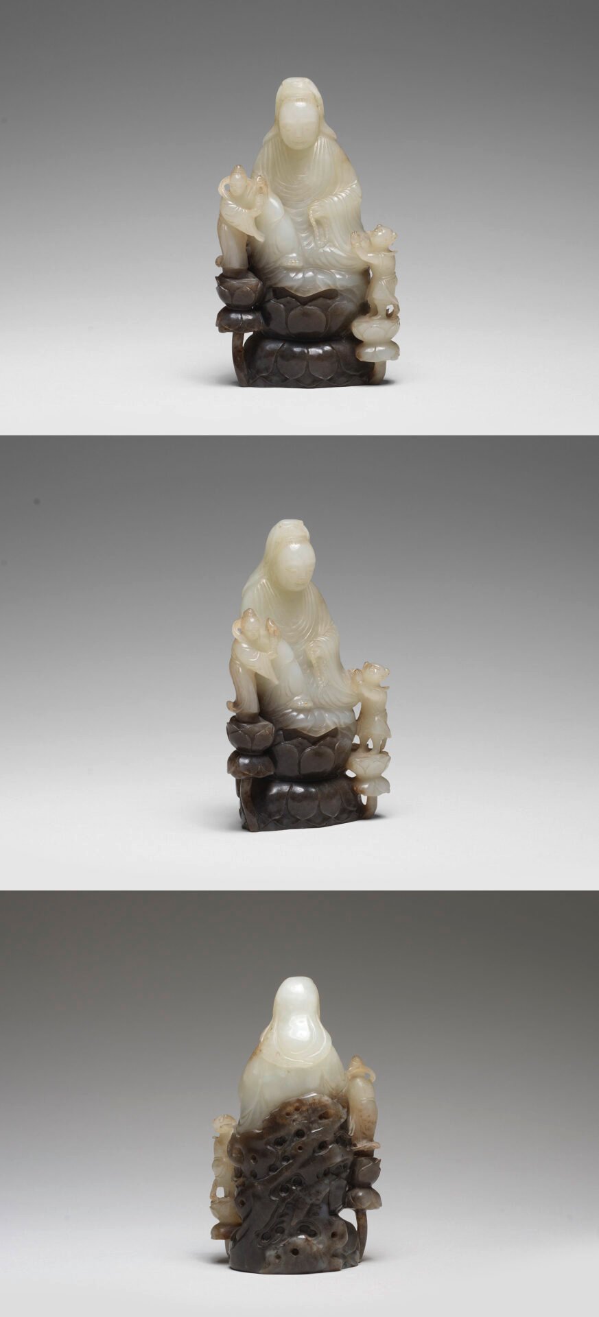 清乾隆/嘉慶 墨白玉雕觀音善財龍女像
